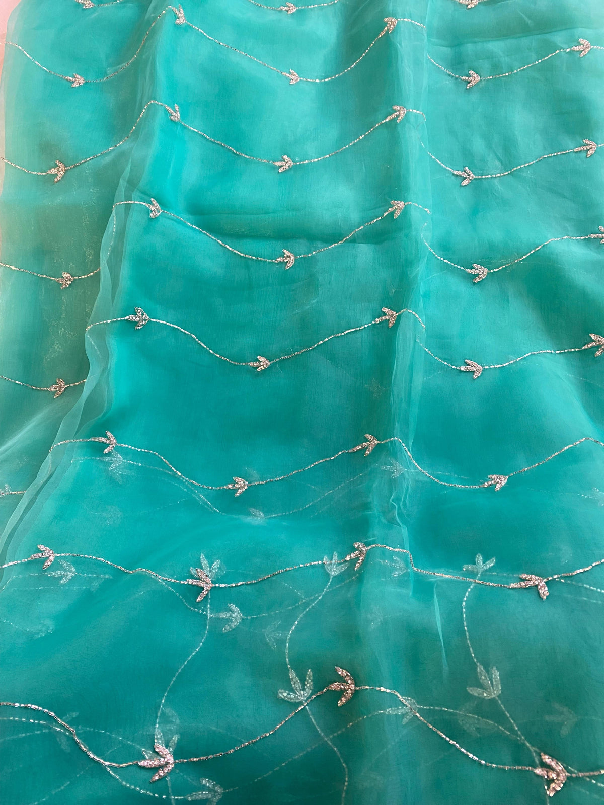Sea Blue Pure Chiffon Handwork Saree