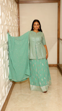 Green Premium Short Top With Palazzo & Dupatta Georgette Sequin Zari Set For Women