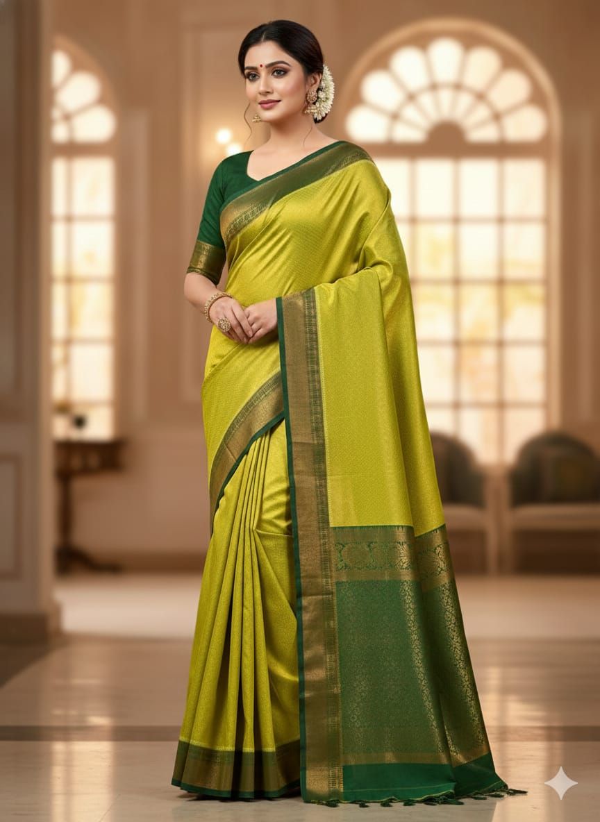 Parrot Green Banarasi Silk Saree with Self Zari Work