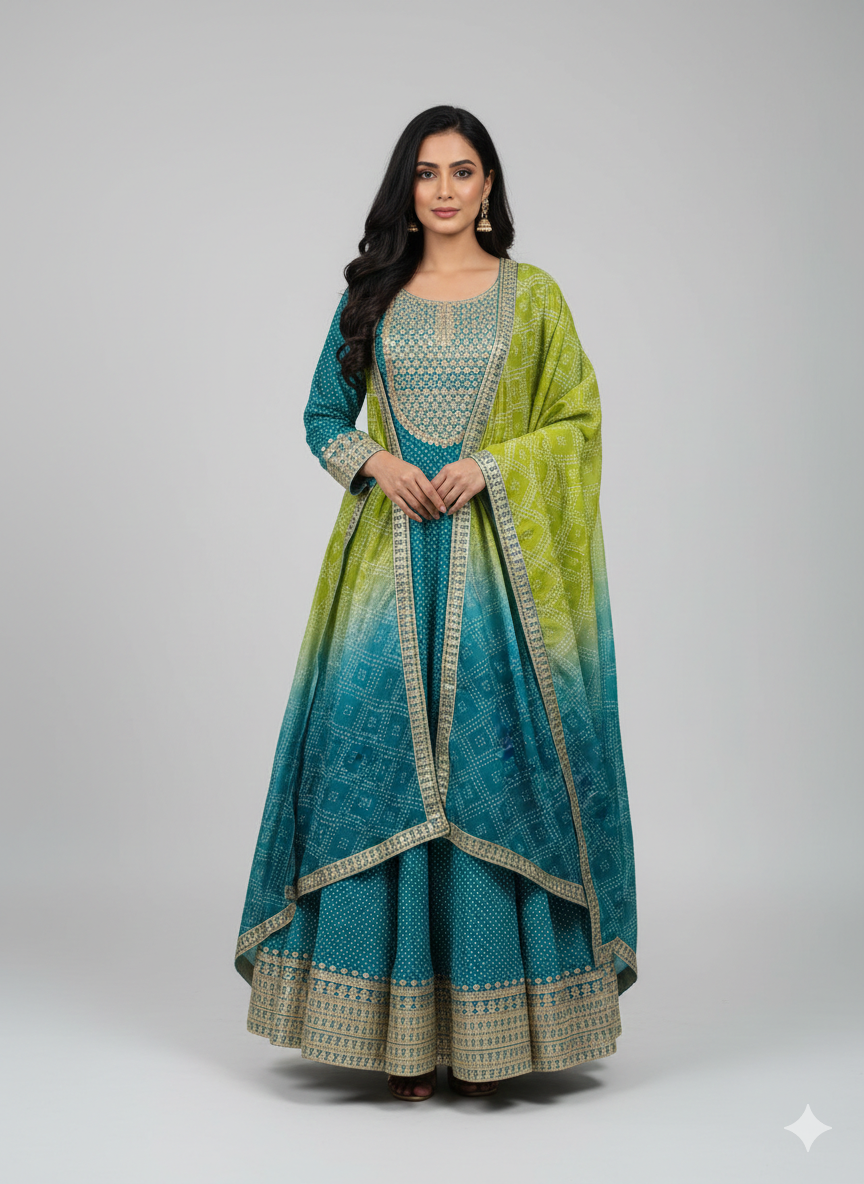 Blue Chino Silk Bandhini Print Anarkali with Dupatta
