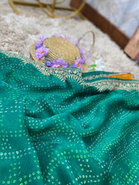 Green Pure Chiffon Bandhej Saree with Zari and Contrast Blouse