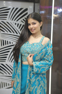 Blue Premium Crop Top With Palazzo & Long Shrug For Women