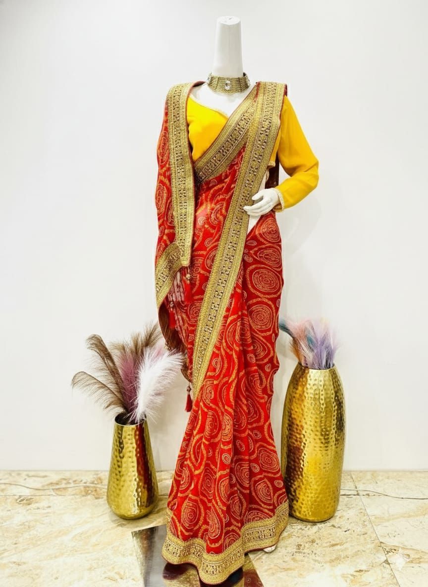 Red Chiffon Bandhani Saree with Stone Work