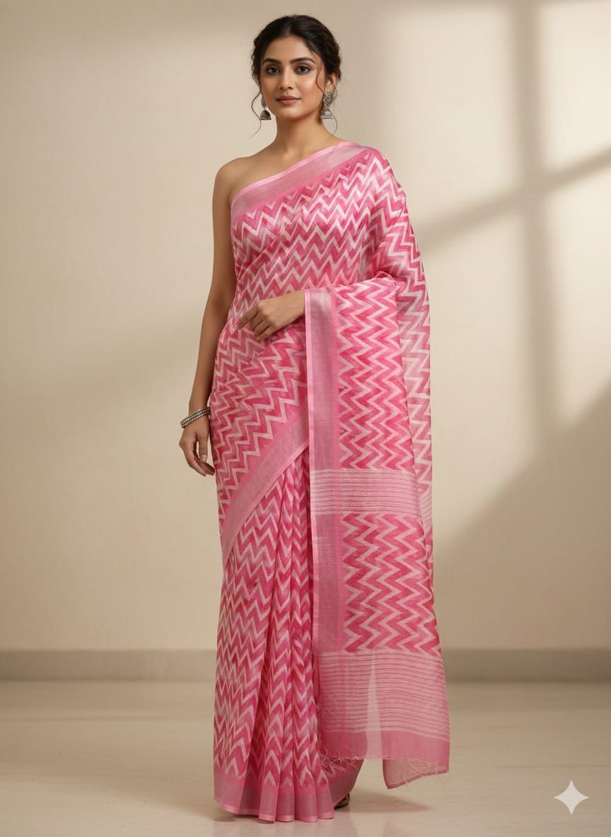 Light Pink Pure Cotton Lahariya Print Saree