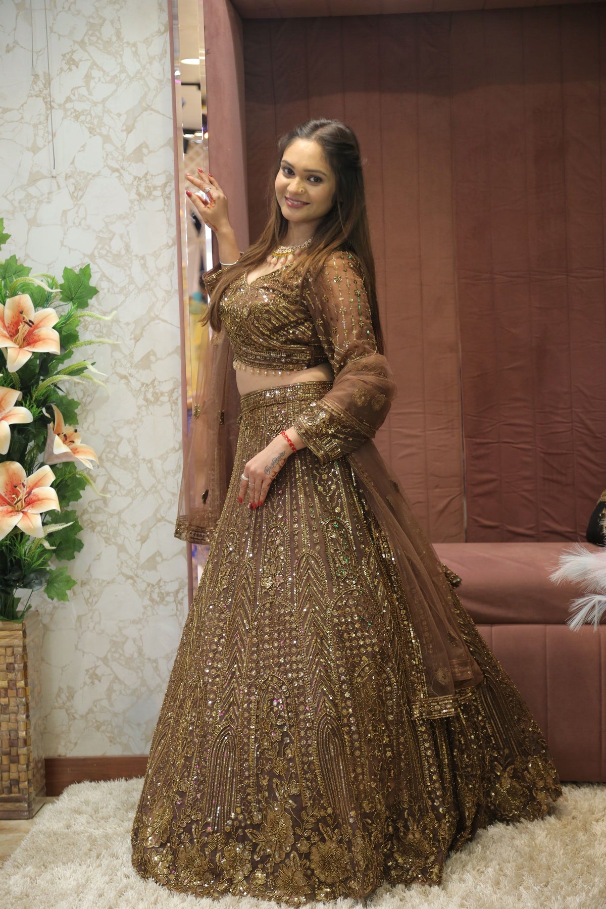 Brown Premium And Elegant Net Lehenga For Women