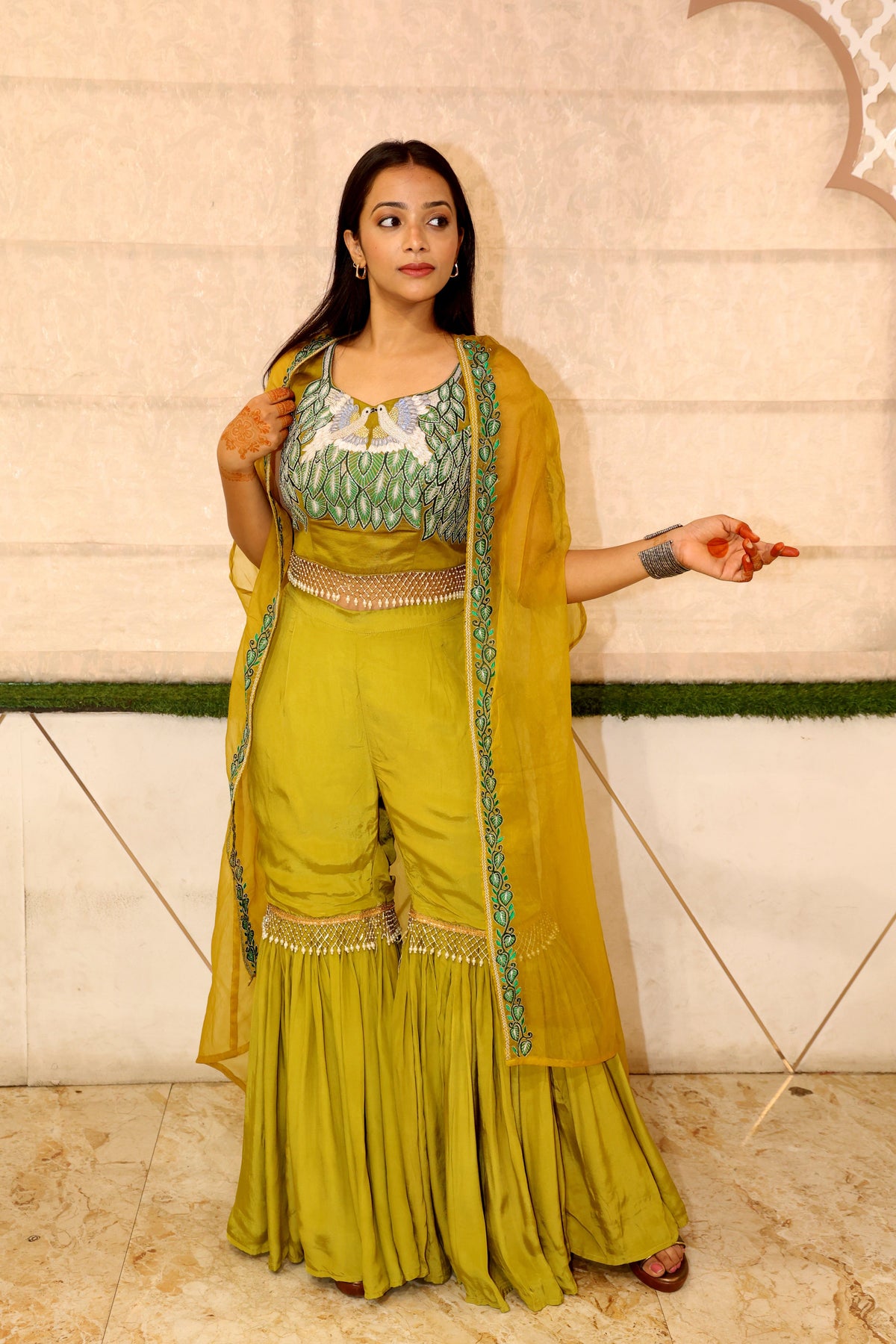 Green Premium Garara Top With Cape Shrug Pure Crape Thread Work Set For Women