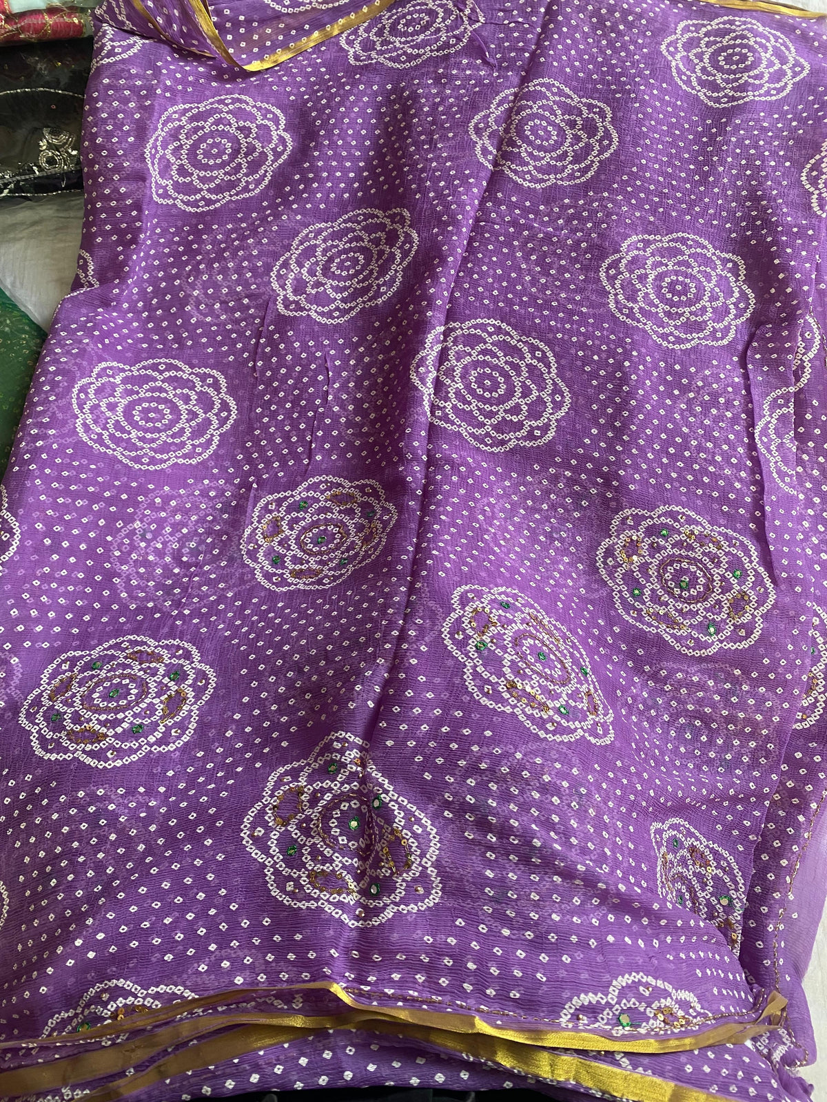 Purple Pure Chiffon Bandhej Saree with Sequence Work