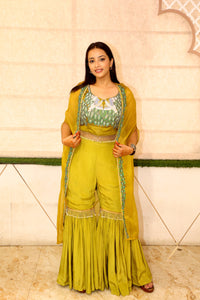 Green Premium Garara Top With Cape Shrug Pure Crape Thread Work Set For Women