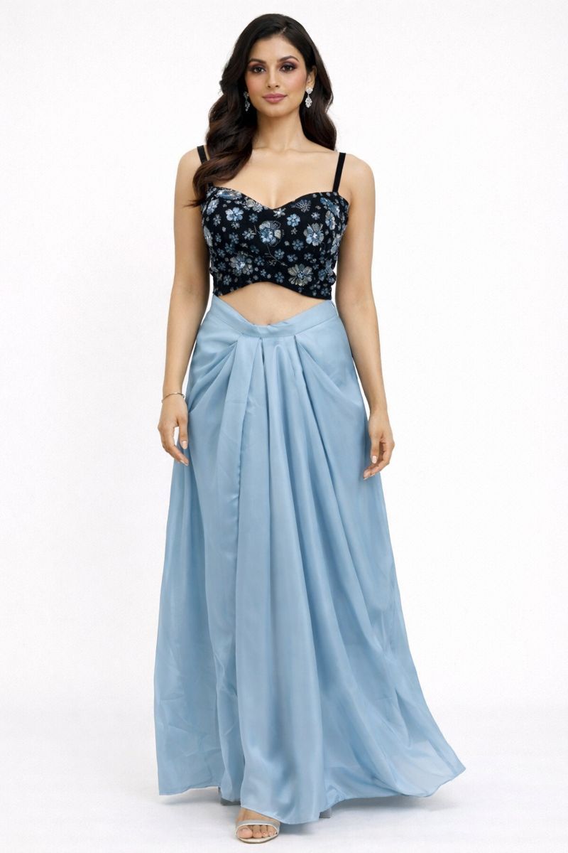 Blue & Black Handcrafted Crop Top with Dhoti Set
