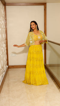 Yellow Premium Crop Top With Skirt And Short Shrug For Women