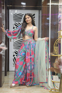 Blue Premium One-Shoulder Top With Printed Palazzo & Net Dupatta For Women