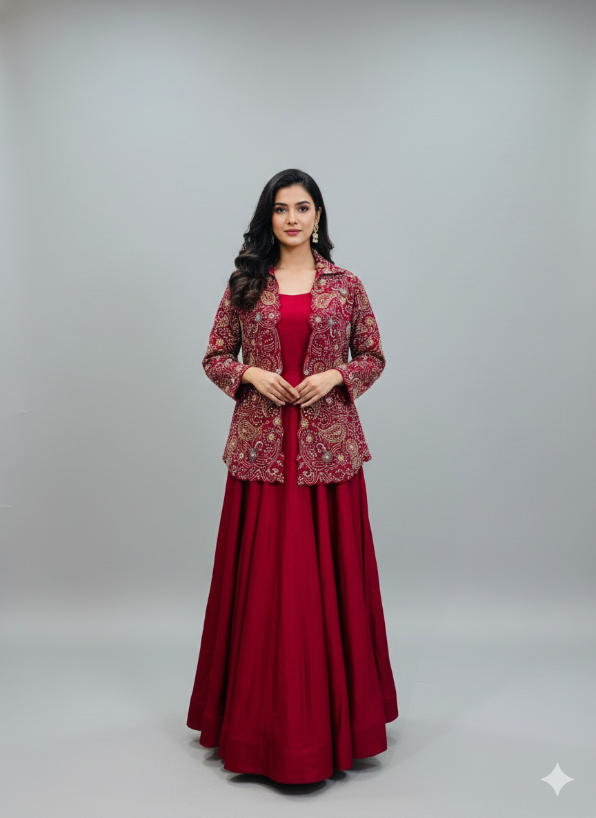 Maroon Raw Silk Anarkali with Jacket