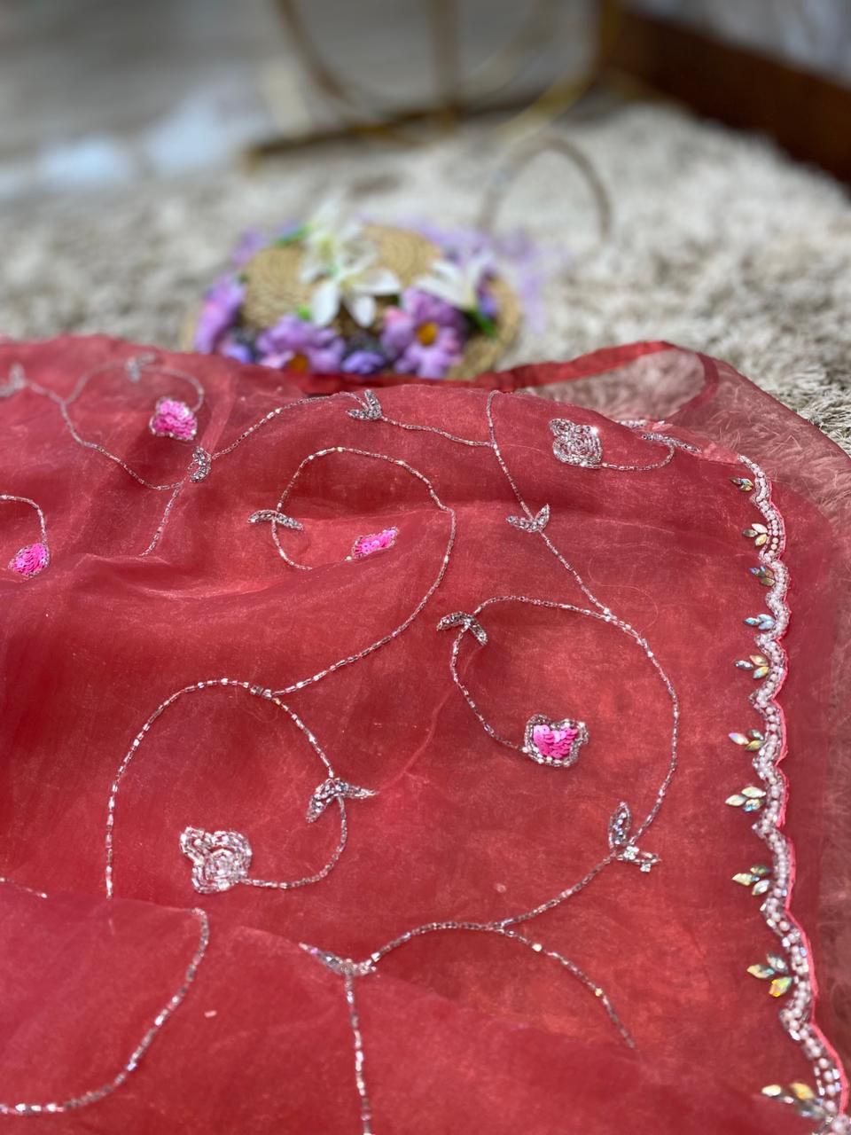 Red Organza Handwork Saree