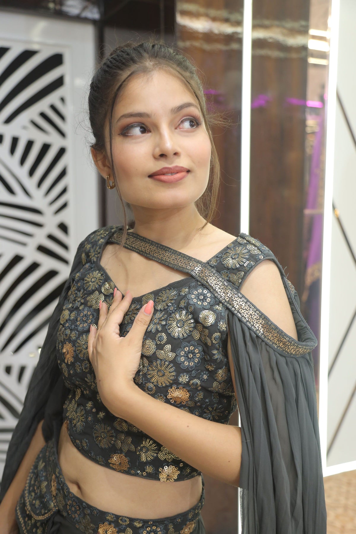 Black Premium Elegant Crop Top With Plazo & Dupatta For Women
