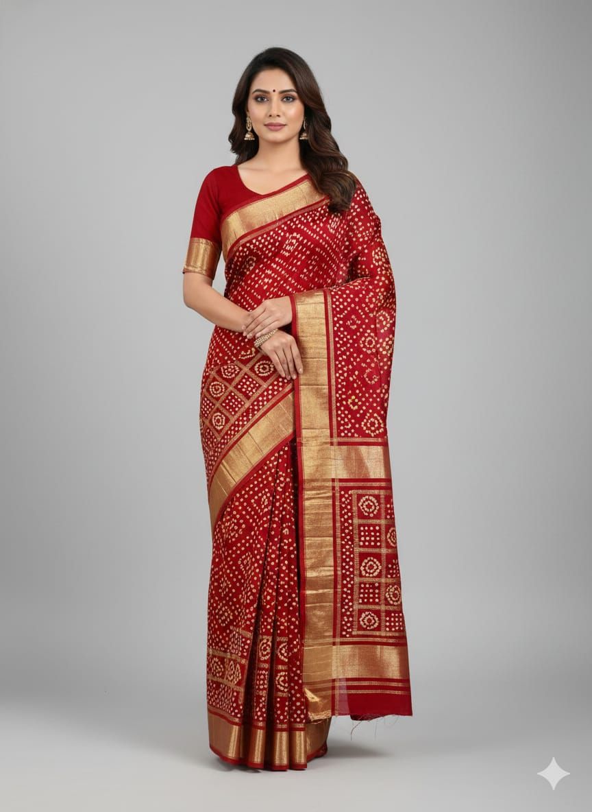 Red Modal Silk Bandhej Saree with Zari Work