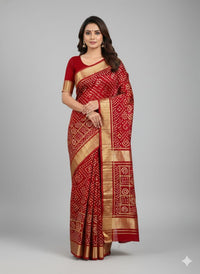 Red Modal Silk Bandhej Saree with Zari Work