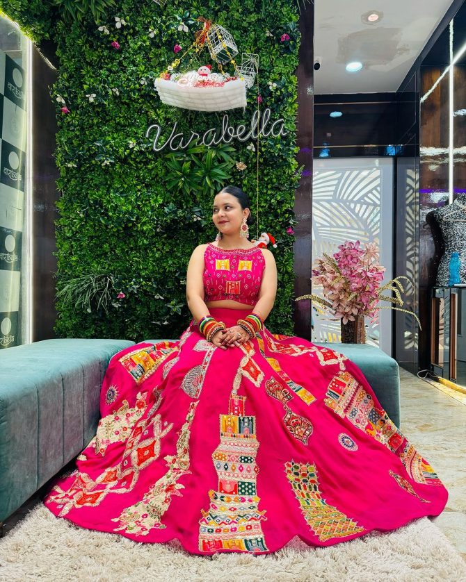 Red patch work lehenga